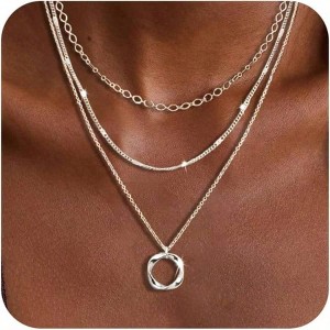 Layered Silver Necklaces for Women, Sterling Silver Stackable Choker Set with Circle Pendant. - 1 of 4