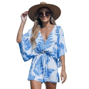 Women's Tropical Leaf Front Button Romper - Cupshe - 1 of 4