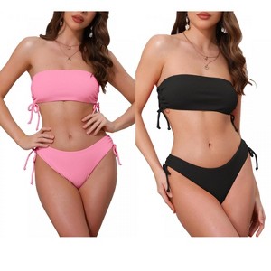 INSPIRE CHIC Women's Bandeau Drawstring Side Tie Ribbed Strapless Top Triangle Bottom Swimwear Bathing Bikini Suits 2 Sets - 1 of 4