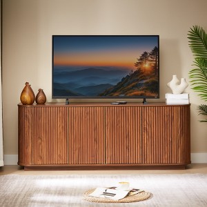 64" Wooden Vertical Striped Sideboard - Wave Pattern TV Stand Storage Buffet Cabinet, Walnut Finish - 1 of 4