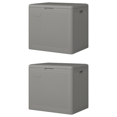 Suncast 22 Gallon Indoor or Outdoor Small Patio Deck Box, Plastic Storage Bin for Lawn, Garden, Garage, & Home Organization, Stoney (2 Pack)