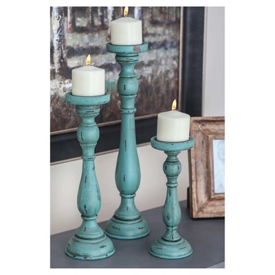 Teal Wood Fluted Pillar Candle Holders Set of 3