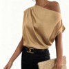 Women's One-Shoulder Blouse, Satin Drape Sleeve Top, Casual Loose-Fit Asymmetrical Neck Shirt - 2 of 4