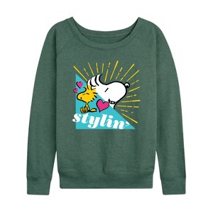 Women's - Peanuts - Snoopy Woodstock Stylin Lightweight French Terry Wide Neck Long Sleeve Shirt - 1 of 4