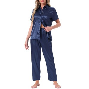 INSPIRE CHIC Womens Satin  Loungewear Silky Button Down Short Sleeve Lapel Collar Pajama Sets - 1 of 4