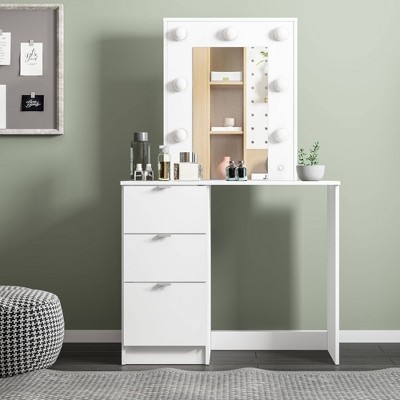 Polifurniture Daisy Bedroom Vanity with Lighted Mirror White: Engineered Wood, Modern Aluminum Handles, 3 Drawers, 7 Bulb Sockets