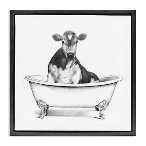 Stupell Industries Cow in Bathtub Sketch Floating Frame Canvas Art - 1 of 4