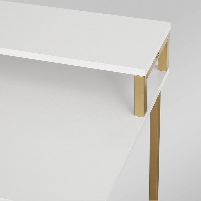 Modern Industrial Gold and Wood Writing Desk with Elevated Shelves
