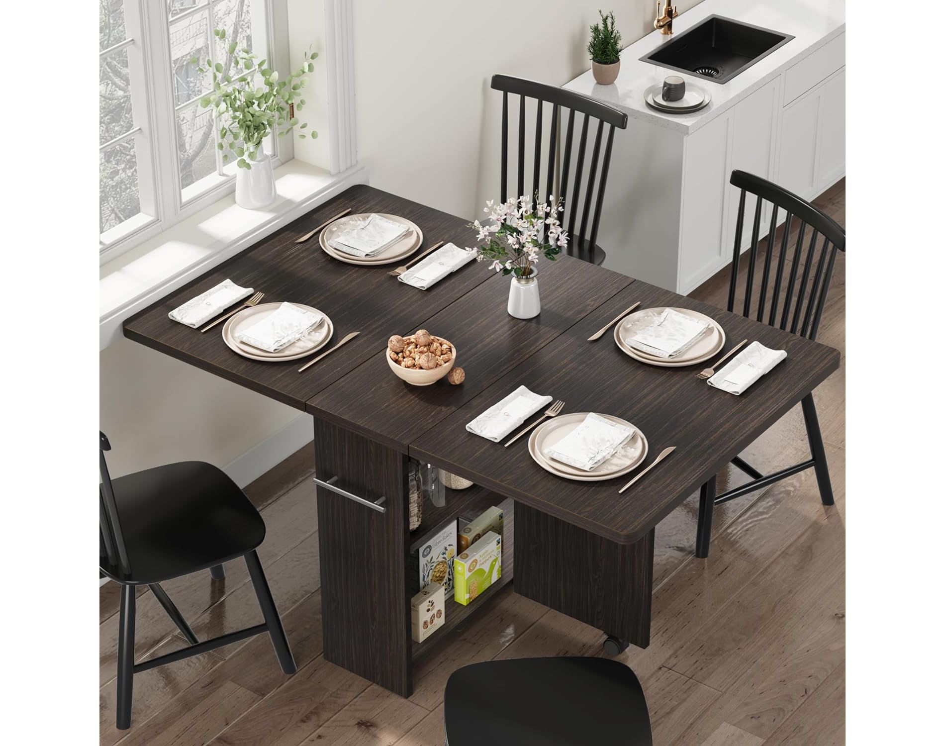 Folding Dining Table, Drop Leaf Dining Table with 6 Wheels and 2-Layer Storage Shelf, Space Saving Dining Table