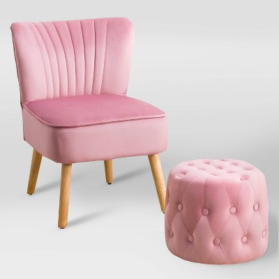 Lynwood Velvet Accent Chair and Pouf Pink - CorLiving