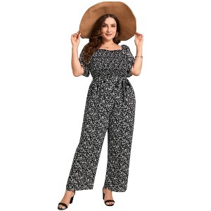 Clearlove Jumpsuits for Plus Size Women Casual Square Neck One Piece Floral Wide Leg Rompers - 1 of 4