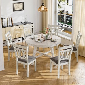VECELO Rustic Dining Table Set, Rubber Wood Round Table and Upholstered Dining Chairs for Kitchen, Gray - 1 of 4