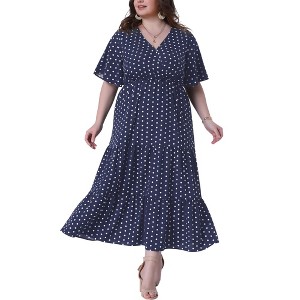 Women's Plus Size Polka Dot V Neck Short Sleeve Tiered Elastic Waist Casual A Line Maxi Dress - Agnes Orinda 3X Navy Blue - 1 of 4