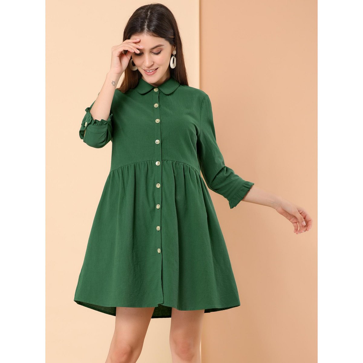 Женские платья INSPIRE CHIC Women's 3/4 Sleeve Button Front Solid Color Flare Mini Shirt Dress Dark Green Large — фото 4