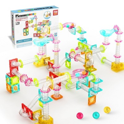 PICASSO-TILES 100 PC Mini Marble Race Track, Magnetic Tiles, Building Blocks, STEM Toys for Kids 3+
