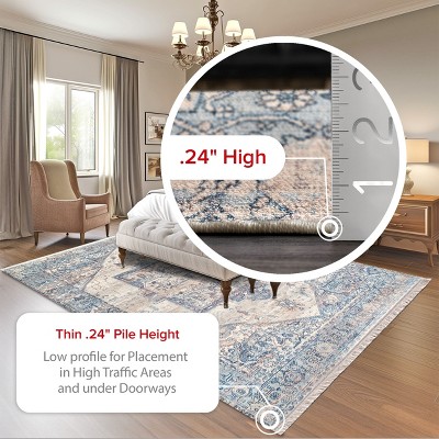 Light Blue Vintage Medallion Fringe Easy-Care Runner Rug