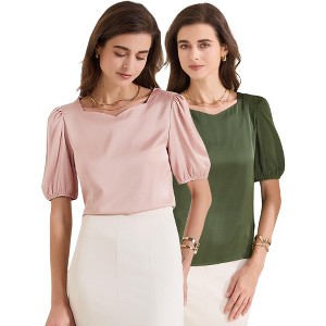 INSPIRE CHIC Women's Work Elegant Sweetheart Neck Half Puff Sleeve Office Work Satin Blouse 2 Packs - 1 of 4