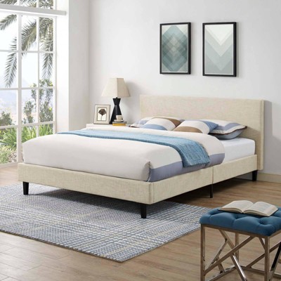 Anya Modern Queen Platform Bed with Upholstered Headboard in Beige