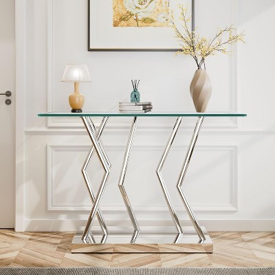 Bekrvio 43.3" Modern Glass Console Table - Silver Stainless Steel Geometric Base, Narrow Entryway Hallway Table for Living Room & Office
