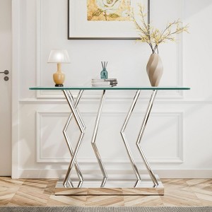 Bekrvio 43.3" Modern Glass Console Table - Silver Stainless Steel Geometric Base, Narrow Entryway Hallway Table for Living Room & Office - 1 of 4