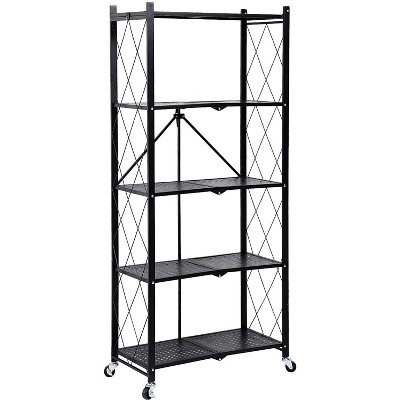 Vynxaria 5-Tier Utility Storage Shelves - Heavy Duty Foldable Rack with Wheels, Black, 1250 LBS Capacity