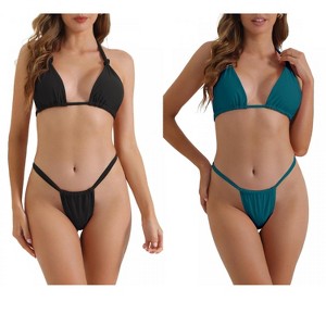 INSPIRE CHIC Women's Push-Up Halter Double Tie Back Triangle Bottoms Swimwear Bathing Bikini Suits 2 Sets - 1 of 4