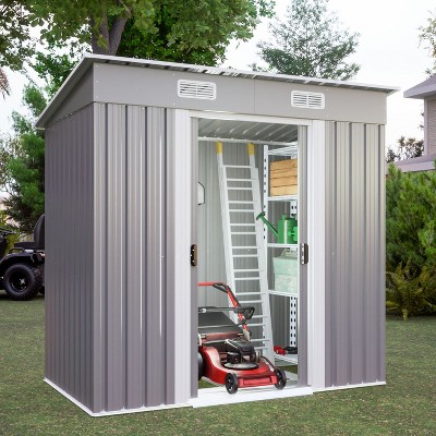 Kelly All Weather Metal Tool Shed, Patio Storage Shed with Metal Foundation and Lockable Doors, Outdoor Storage Box - The Pop Home