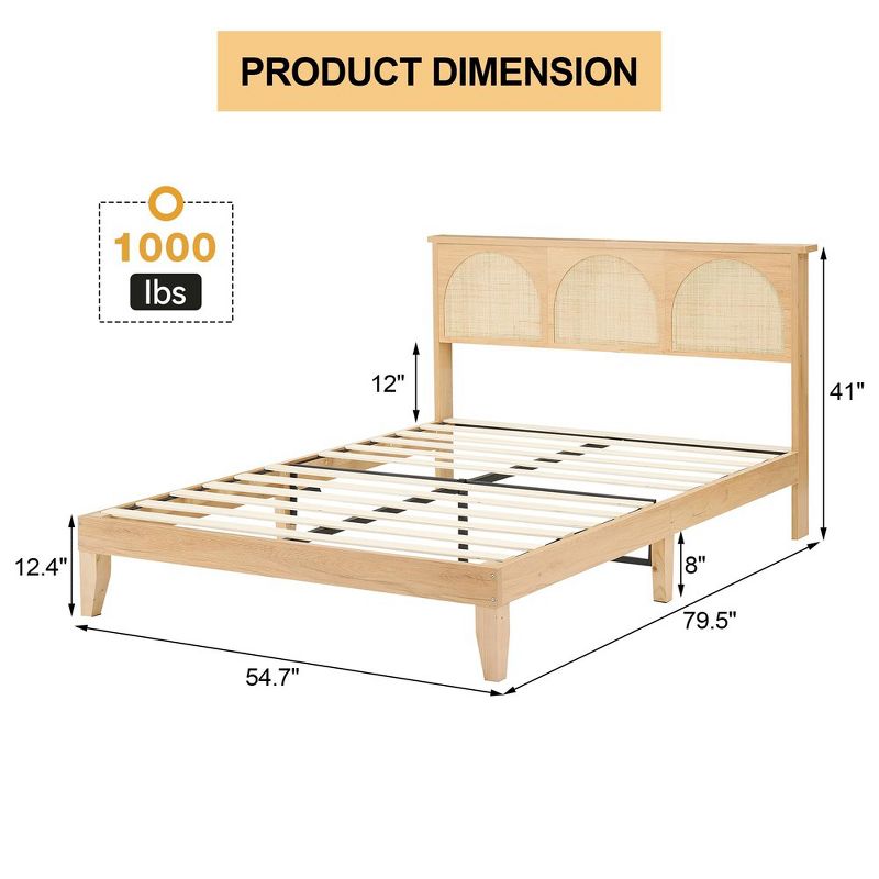 WhizMax Bed Frame with Natural Rattan Headboard, Platform Bed Frame Full Queen Size with Storage Headboard, Mattress Foundation, No Box Spring Needed, 2 of 9