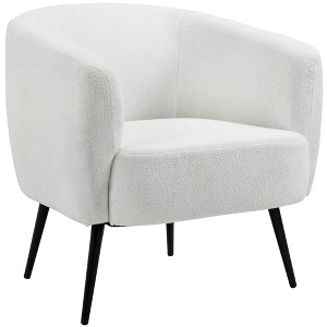 HOMCOM Teddy Fleece Fabric Accent Chair, Mid Century Modern Barrel Armchair with Metal Legs and Soft Padding for Living Room, Cream - 1 of 4