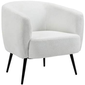 HOMCOM Teddy Fleece Fabric Accent Chair, Mid Century Modern Barrel Armchair with Metal Legs and Soft Padding for Living Room, Cream