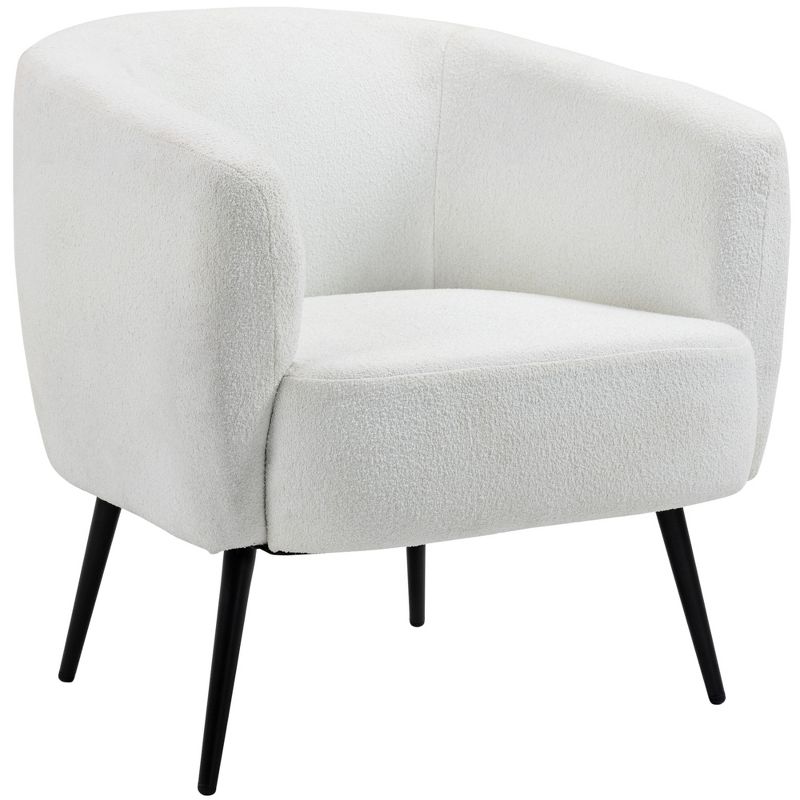 HOMCOM Teddy Fleece Fabric Accent Chair, Mid Century Modern Barrel Armchair with Metal Legs and Soft Padding for Living Room, Cream, 1 of 7