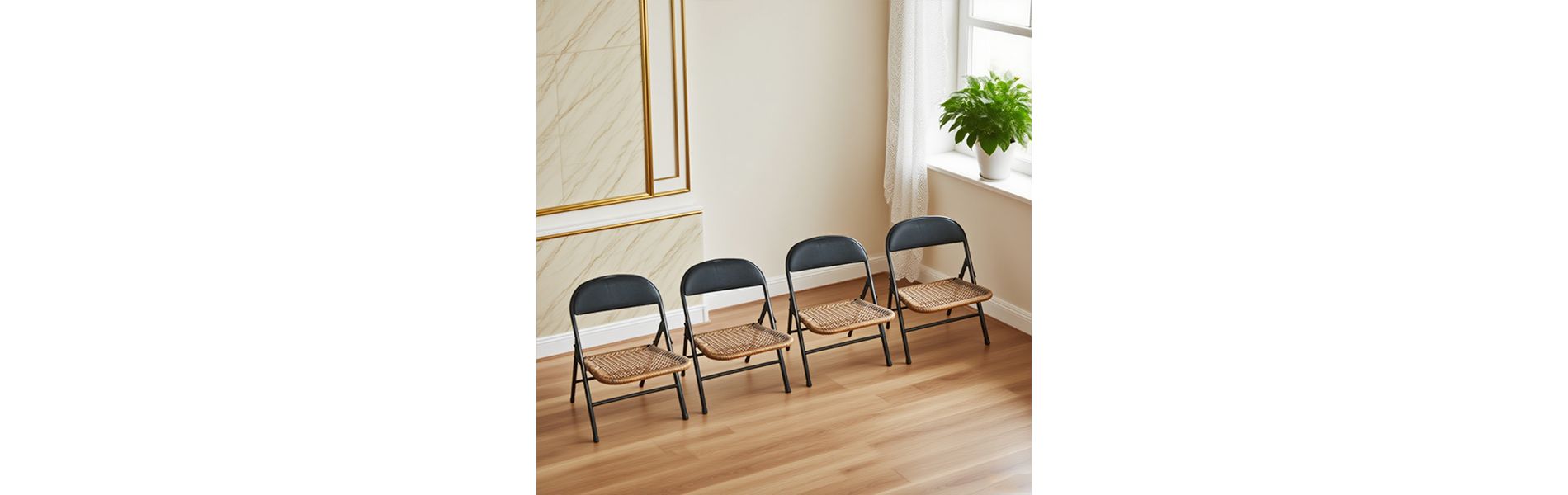 KTMBDW Folding Bohemian Chairs with Curved Backs, Modern Rattan Folding Dining Chairs, 220 lb. Static Weight Capacity, Set of 4, Black & Brown