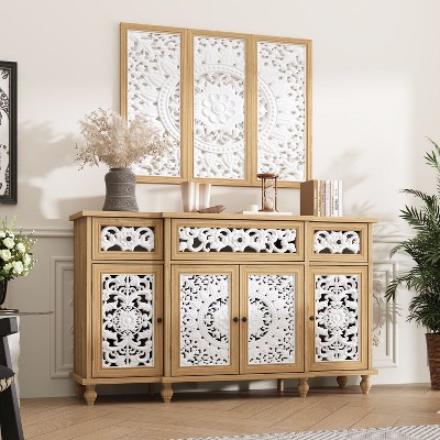 FUFU&GAGA Accent Storage Sideboard Buffet with Ornate Carved Doors, Pine Legs, and Matching Art Frame Bookshelf