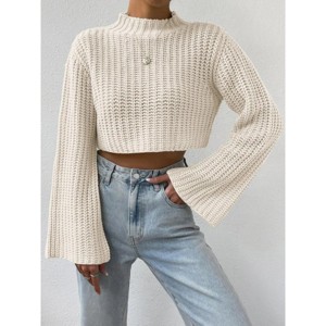 Womens Cropped Tops Bell Sleeve Ribbed Knit Pullover Sweater Top - 1 of 4
