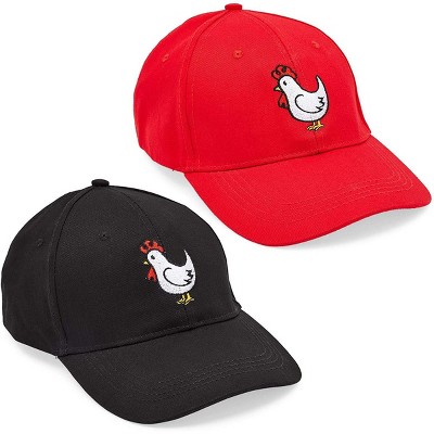 Zodaca 2 Pack Chicken Hats for Men and Women, Baseball Cap (Red, Black)