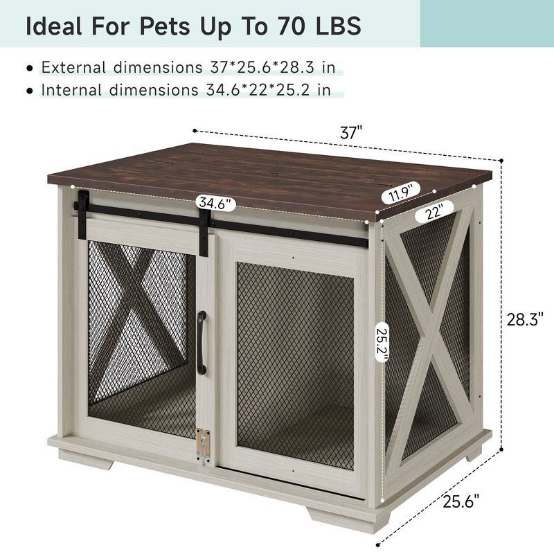 Towallmark 37 "Sliding Barn Door Dog Crate Furniture With Flip Top And Removable Divider, Wooden Dog Crate Table, Kennel Side Table, White, 4 of 7