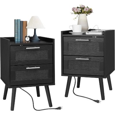 Finnhomy Nightstand with Charging Station, Bedside Table with 2 Hand Made Rattan Decorated Drawers