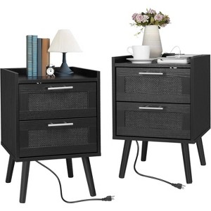 Finnhomy Nightstand with Charging Station, Bedside Table with 2 Hand Made Rattan Decorated Drawers - 1 of 4