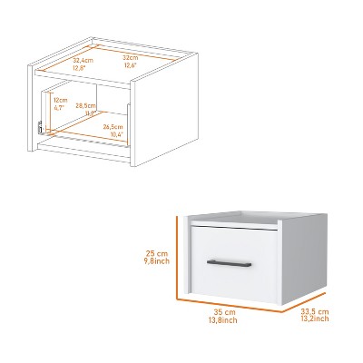 Dimensions diagram for wall-mounted nightstand showing measurements