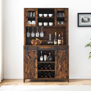 WhizMax Coffee Bar Wine Cabinet with Sliding Barn Doors, 70" Tall Farmhouse Kitchen Hutch with Wine & Glasses Rack, for Kitchen, Dining Room - 1 of 4