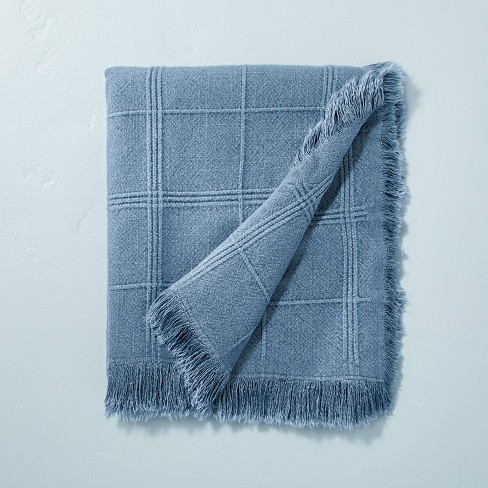 Textured Grid Lines Dobby Throw Blanket Blue Hearth Hand With Magnolia Rayon Polyester Linen Fringe Detail Farmhouse Style Target