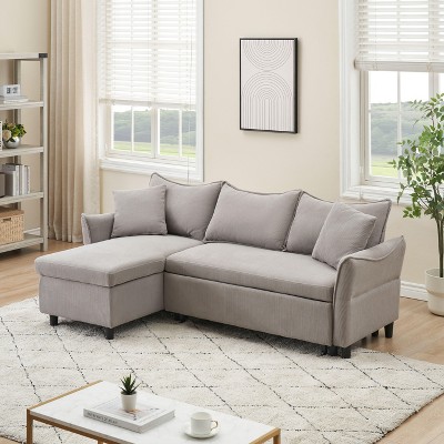 VASIP 80-inch gray corduroy L-shaped sofa comes with two small throw pillows that can be converted into a sofa bed for storage