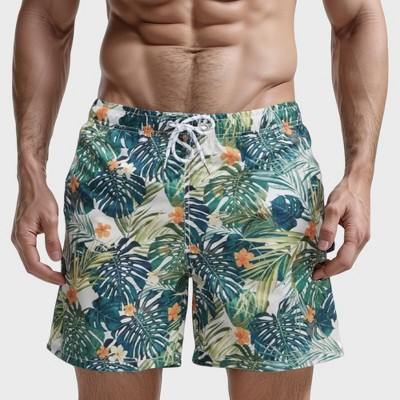 Anna-Kaci Swim Men's Tropical Leaf and Floral Print Swim Trunks with Quick-Dry Fabric and Drawstring Waist for Vibrant Beach Style