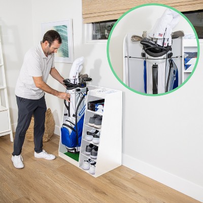White Wooden Freestanding Golf Bag Organizer with Multiple Shelves