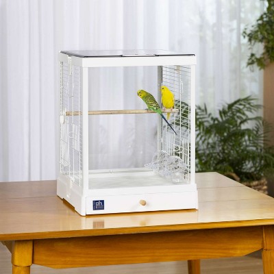 White Coated Metal Glass Bird Cage with Frosted Acrylic Roof