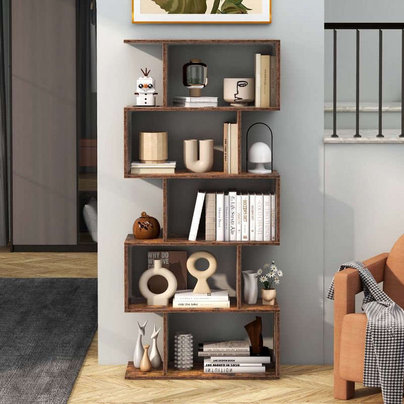 Costway 5-Tier Bookshelf Geometric S-Shaped Bookcase Room Divider Storage Display Shelf, 5 of 10