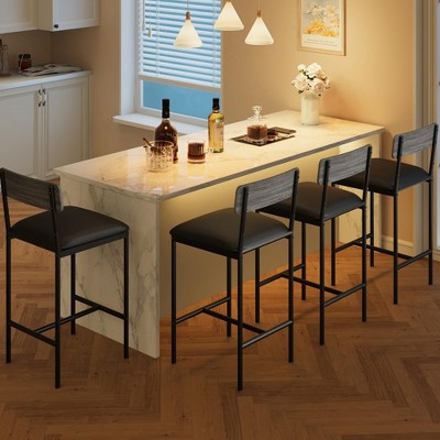 Bar Stools Set of 4, Kitchen Bar Stools with Footrest, PU Upholstered Counter Height Barstools