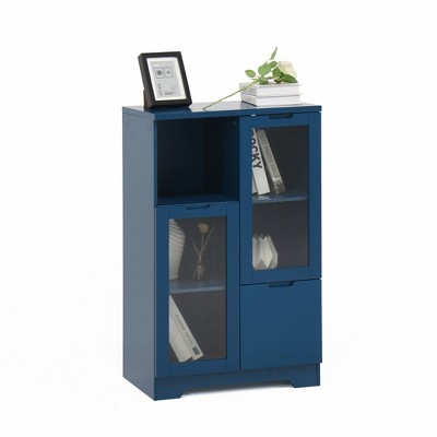 Modern Storage Cabinet With 2 Glass Doors & 2 Storage Spaces, Freestanding Floor Cabinet With Adjustable Shelves For Living Room Bathroom Kitchen