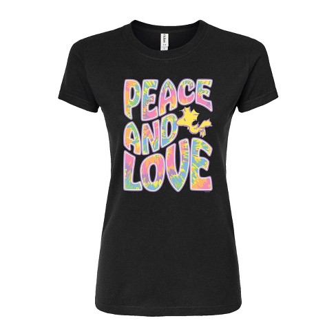 Women's - Peanuts - Woodstock Groovy Tie-Dye Peace and Love Juniors Fitted Graphic T-Shirt - image 1 of 3