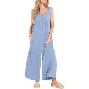Women's Summer Fall Loose Overalls Jumpsuits One Piece Wide Leg Long Pant Casual Button Sleeveless Rompers With Pockets - 1 of 4